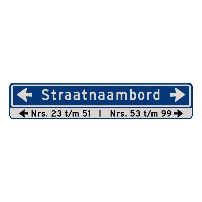 Straatnaambord 18 karakters 1000x200 mm met pijlen + Huisnummers NEN 1772