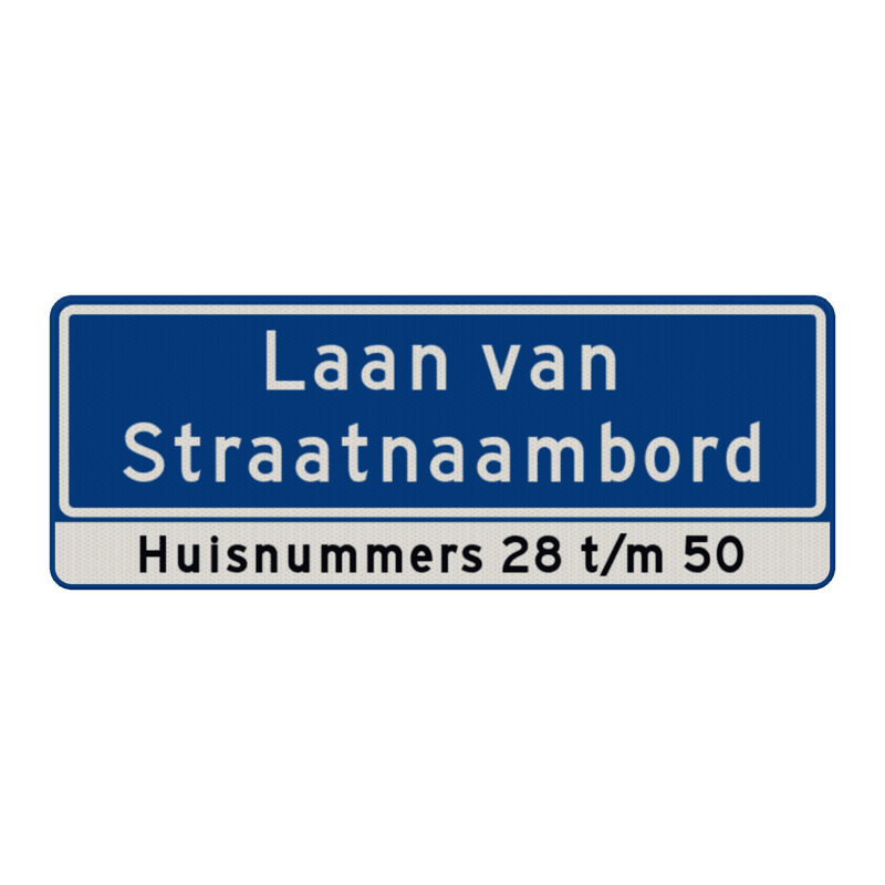 Straatnaambord 28 karakters 800x300mm 2 regelig + huisnummers NEN 1772