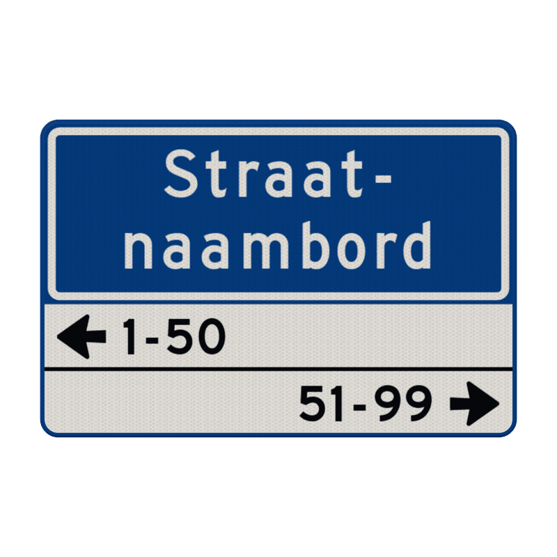 Straatnaambord 20 karakters 600x400mm 2 regelig + huisnummers NEN 1772
