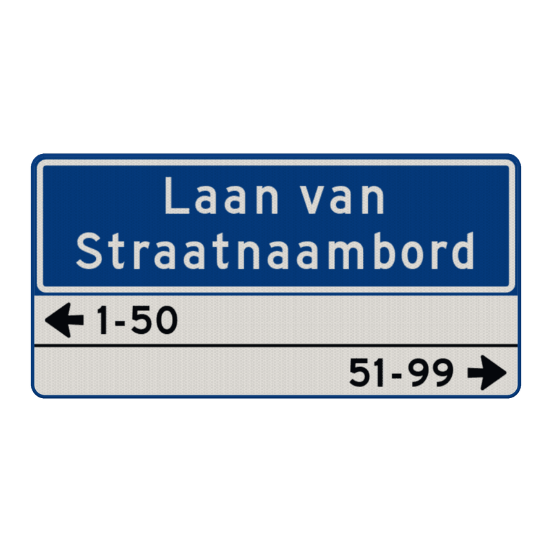 Straatnaambord 28 karakters 800x400mm 2 regelig + huisnummers NEN 1772