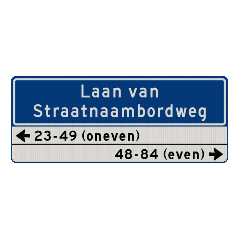 Straatnaambord 36 karakters 1000x400mm 2 regelig + huisnummers NEN 1772