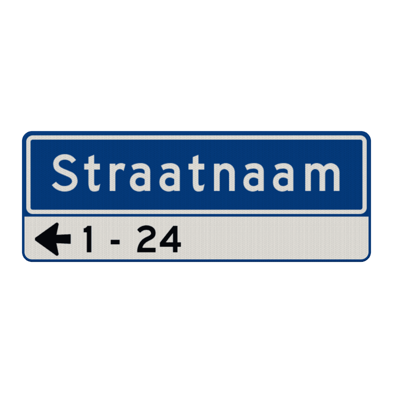 Straatnaambord 11 karakters 800x300mm 1 regelig + pijl en huisnummers NEN 1772