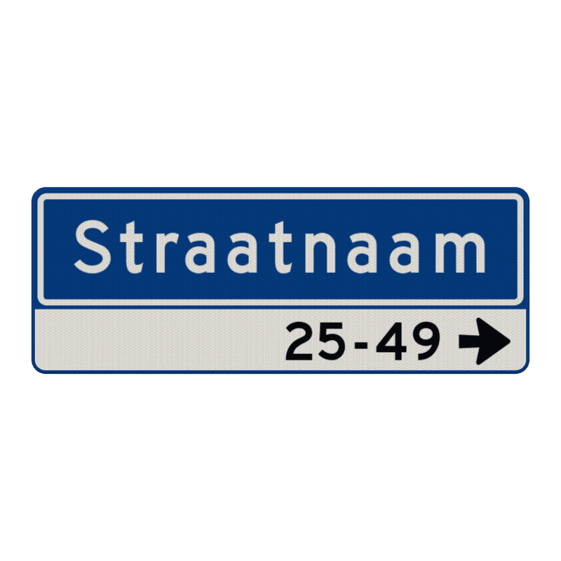Straatnaambord 11 karakters 800x300mm 1 regelig + pijl en huisnummers NEN 1772