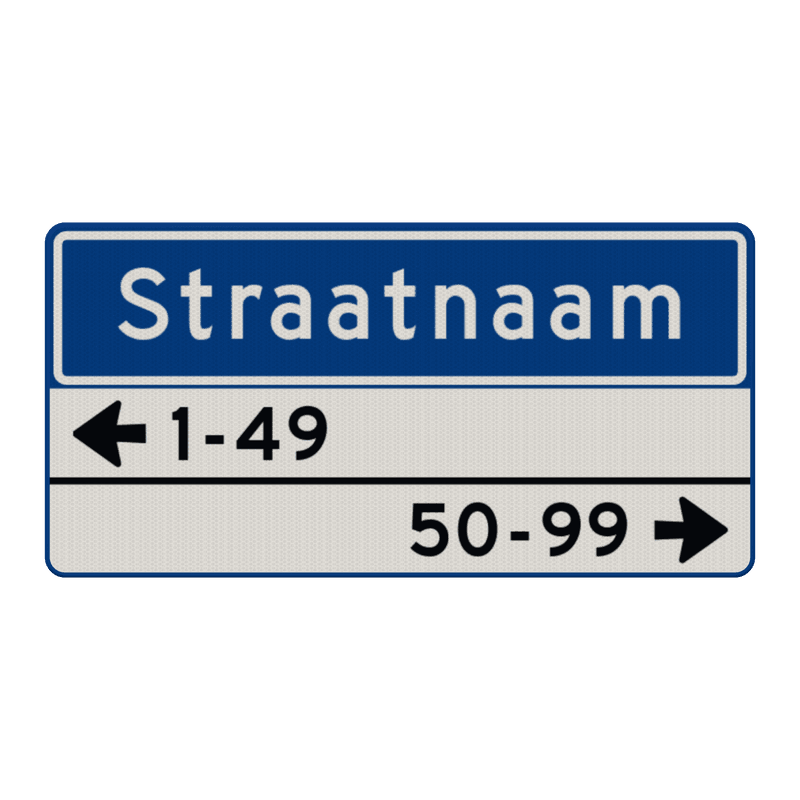 Straatnaambord 11 karakters 800x400mm 1 regelig + 2 regelige huisnummers NEN 1772
