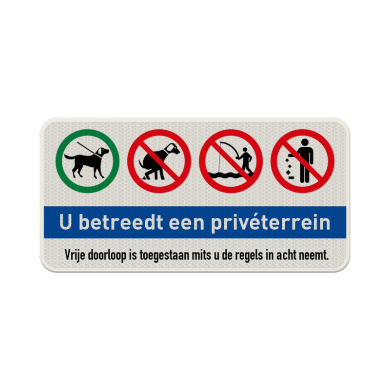Bord privéterrein toegang/regels, honden aan de lijn,  niet vissen, afval opruimen