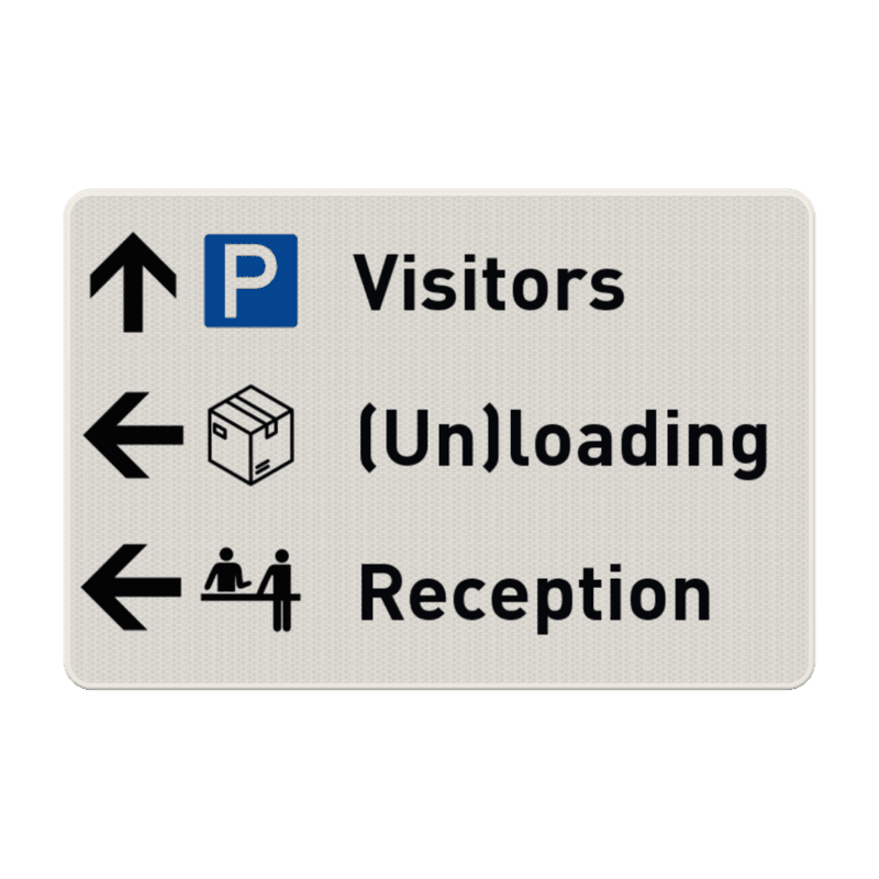 Route bord bezoekers, laden/lossen en receptie met iconen en pijlen - reflecterend