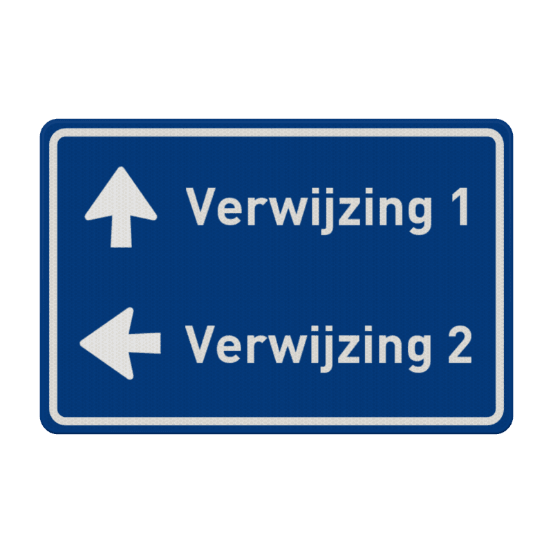 Verkeersbord route/verwijzing met 2 pijlen en eigen tekst (blauw/wit) - reflecterend
